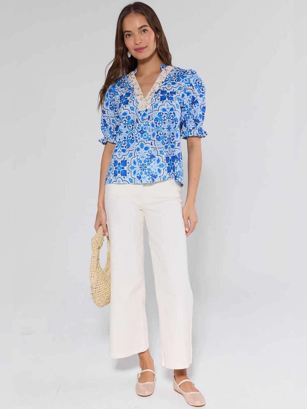 Avara Delise Blue Embellished V-Neck Puff Sleeve Blouse Top Greecian NWT XS - Picture 2 of 10